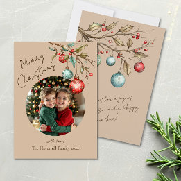 Cute Family Photo Frame Beige Watercolor Christmas Holiday Card