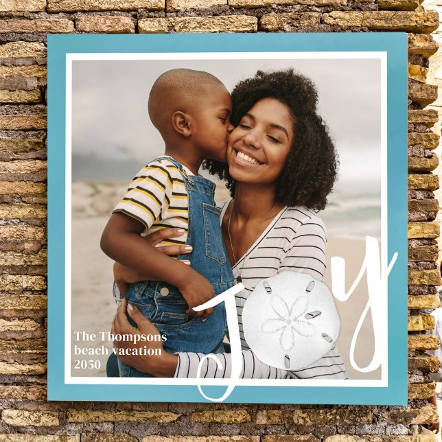 Cute Family Photo Joy Personalized (Holiday joy typography style photo print with a turquoise background.)