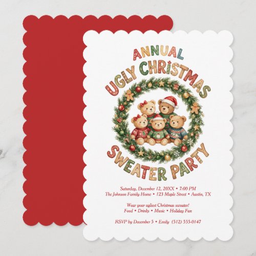 Cute Family Red Bear Ugly Christmas Party TMF26 Invitation