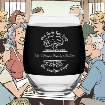 Cute Family Roots Add Name Date Stemless Wine Glass by DoodlesGifts at Zazzle