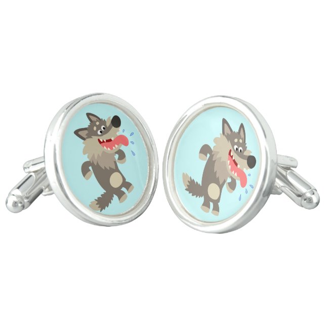 Cute Famished Cartoon Wolf Cufflinks (Angled)