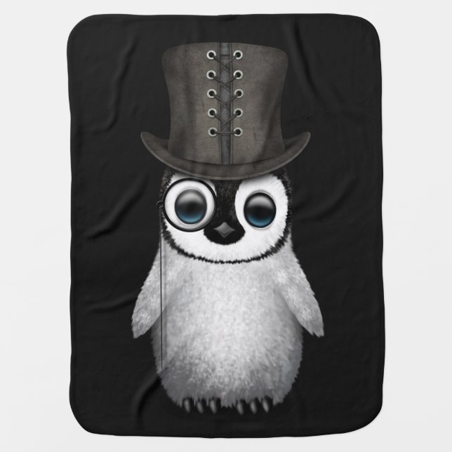 Cute Fancy Baby Penguin with Top Hat on Black Swaddle Blanket (Front)