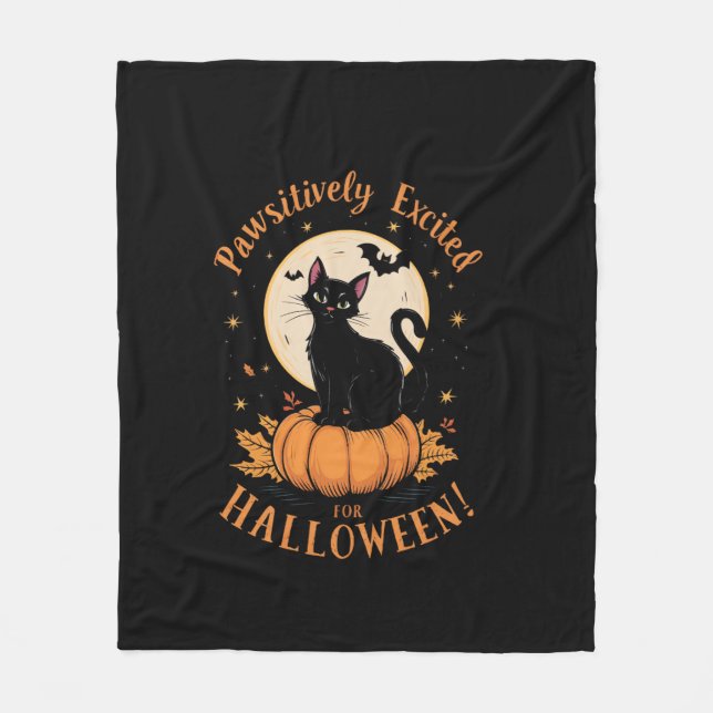 Cute Fancy Cat Pumpkin Bat Pawsitively Excited For Fleece Blanket (Front)
