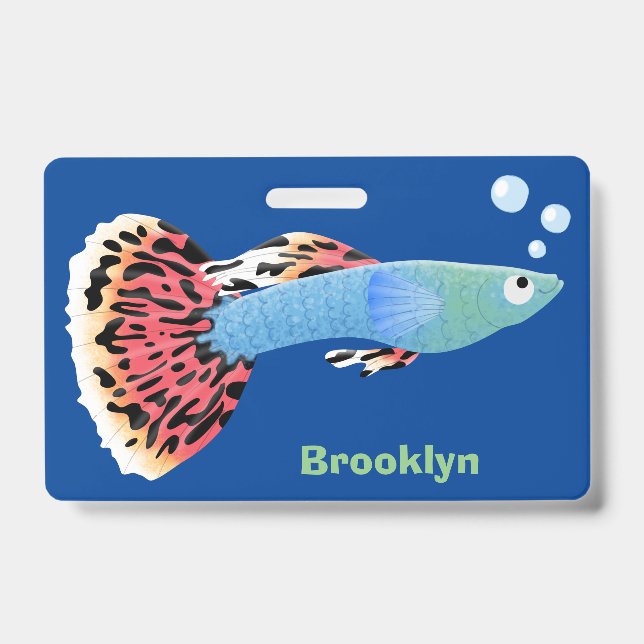 Cute fancy guppy tropical fish cartoon badge (Front)