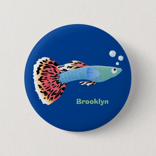 Cute fancy guppy tropical fish cartoon button (Front)