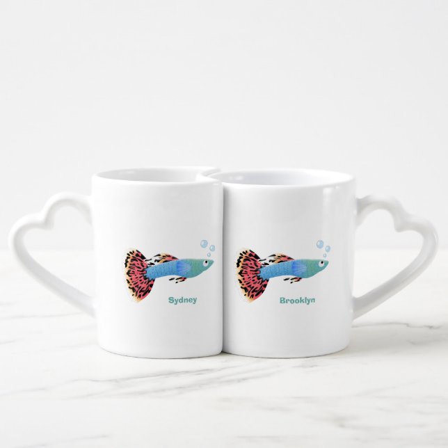 Cute fancy guppy tropical fish cartoon coffee mug set (Back Nesting)