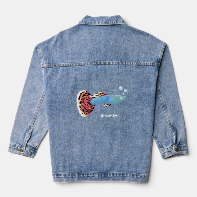 Cute fancy guppy tropical fish cartoon  denim jacket (Back)