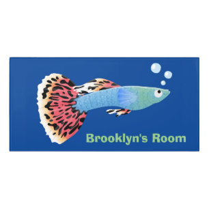 Cute fancy guppy tropical fish cartoon door sign