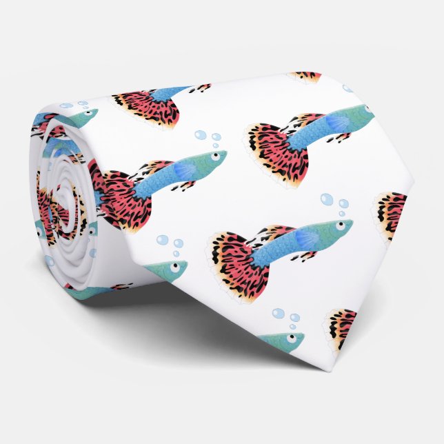 Cute fancy guppy tropical fish cartoon neck tie (Rolled)