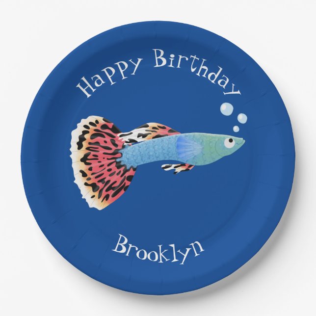 Cute fancy guppy tropical fish cartoon paper plates (Front)