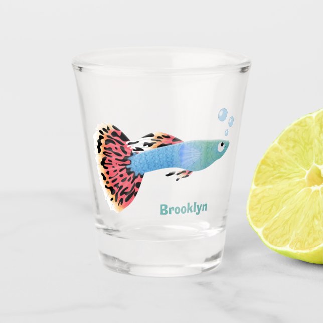 Cute fancy guppy tropical fish cartoon shot glass (Front)