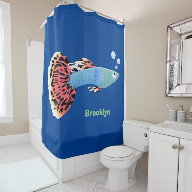 Cute fancy guppy tropical fish cartoon shower curtain (In Situ)