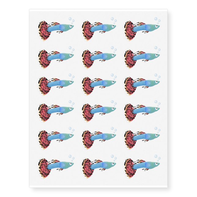 Cute fancy guppy tropical fish cartoon temporary tattoos (Front)