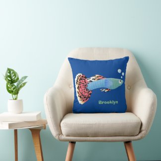 Cute fancy guppy tropical fish cartoon  throw pillow