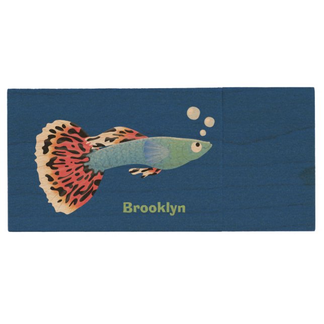 Cute fancy guppy tropical fish cartoon wood flash drive (Front)