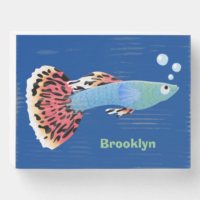 Cute fancy guppy tropical fish cartoon wooden box sign (Front Horizontal)