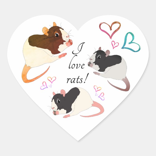 Cute Fancy Rats & Rainbow Hearts - I Love Rats!  Heart Sticker (Front)