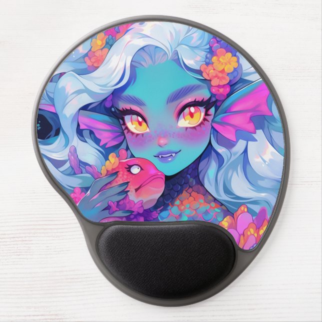 Cute Fanged Mermaid Anime Girl and Pet Fish Gel Mouse Pad (Front)
