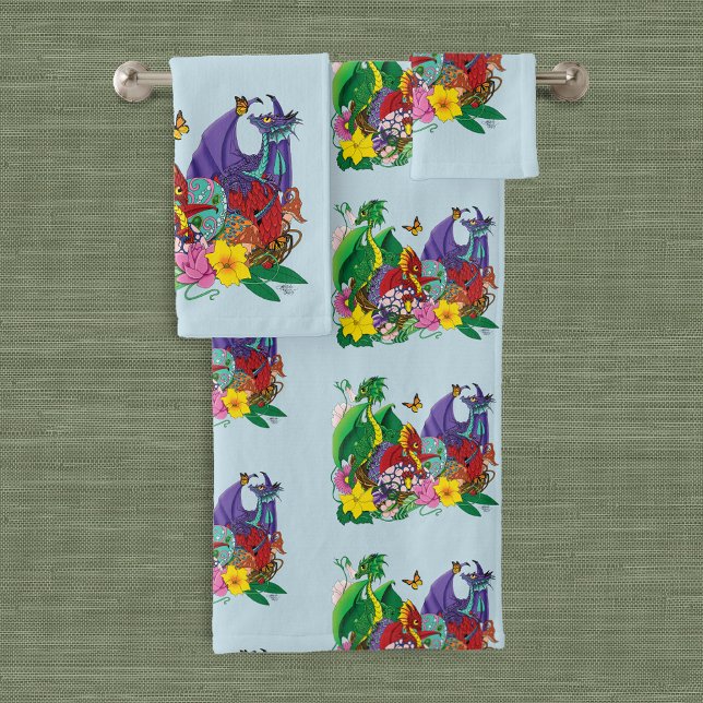 Cute Fantasy Baby Dragons Nest Eggs Blue Bath Towel Set (Creator Uploaded)