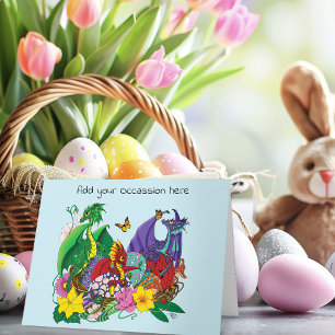 Cute Fantasy Baby Dragons Nest Eggs Blue Card