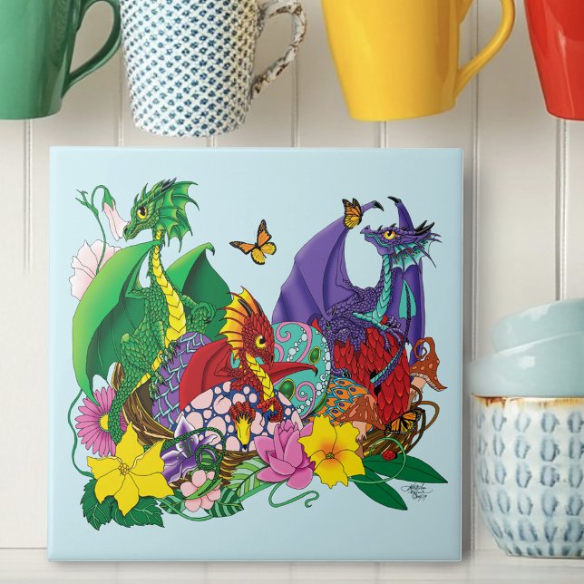 Cute Fantasy Baby Dragons Nest Eggs Blue Ceramic Tile (Creator Uploaded)