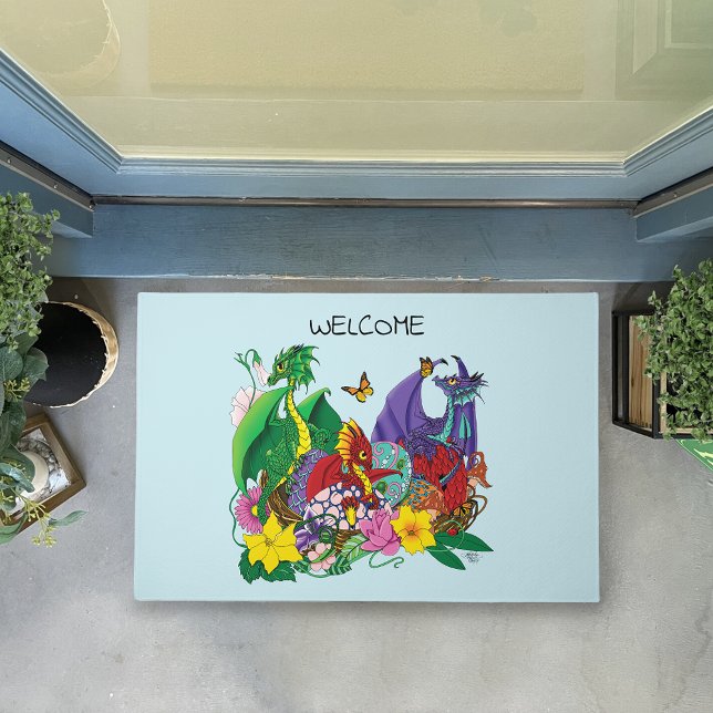 Cute Fantasy Baby Dragons Nest Eggs Blue Doormat (Creator Uploaded)