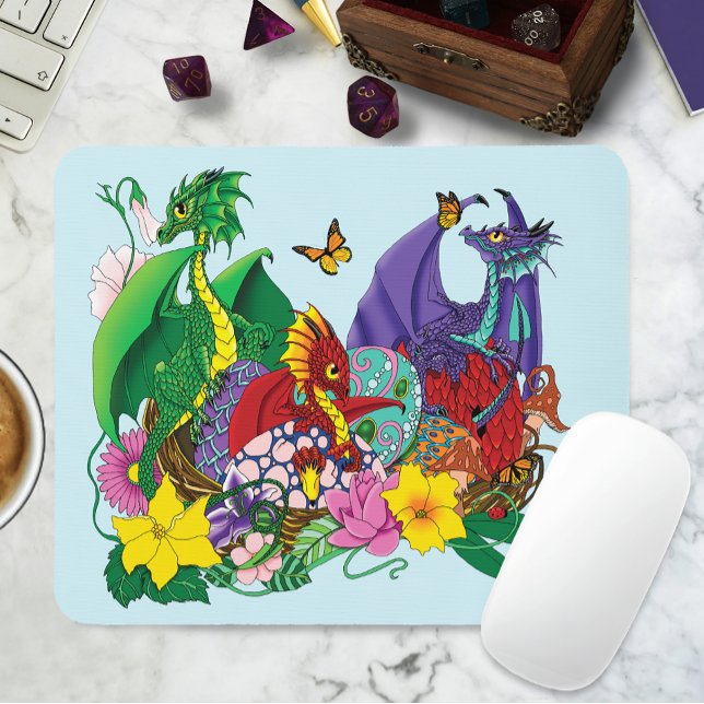 Cute Fantasy Baby Dragons Nest Eggs Blue Mouse Pad (Creator Uploaded)