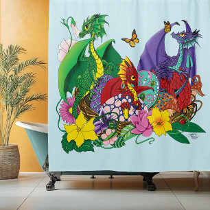 cute Fantasy Baby Dragons Nest Eggs Blue Shower Curtain