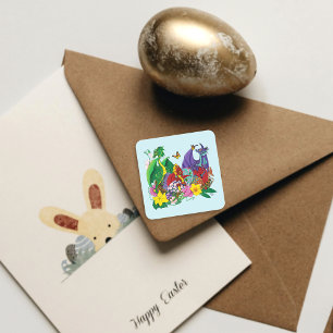 Cute Fantasy Baby Dragons Nest Eggs Blue Square Sticker