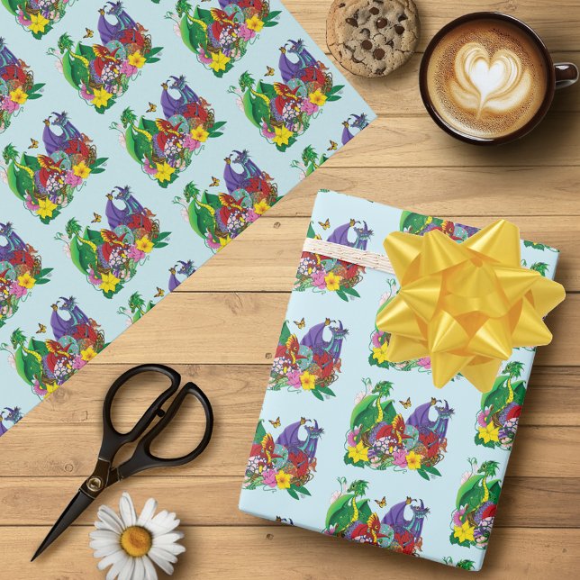 Cute Fantasy Baby Dragons Nest Eggs Blue Wrapping Paper (Creator Uploaded)