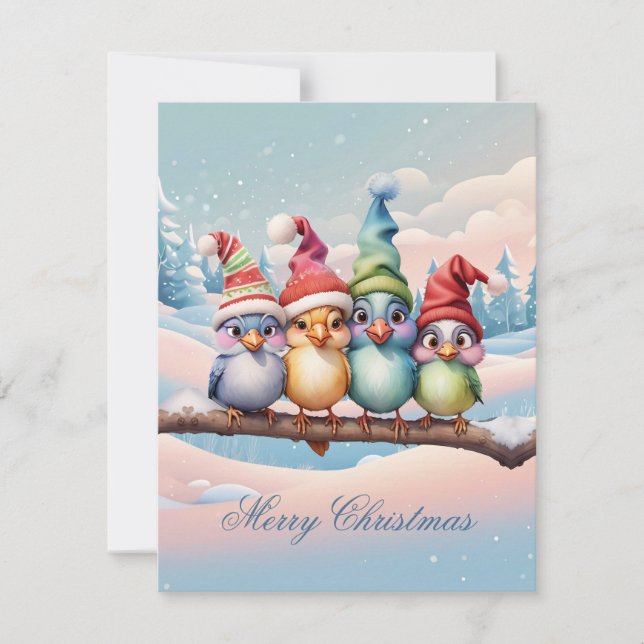 Cute fantasy birds with Christmas hats. Holiday Card (Front)