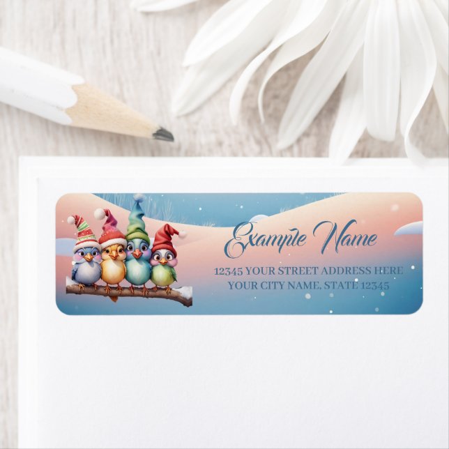 Cute fantasy birds with Christmas hats Label (Insitu)