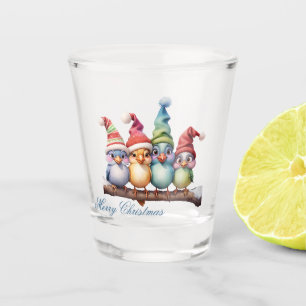 Cute fantasy birds with Christmas hats. Shot Glass