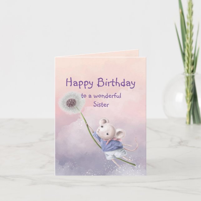  Cute Fantasy Birthday Sister Mouse Dandelion  Card (Front)