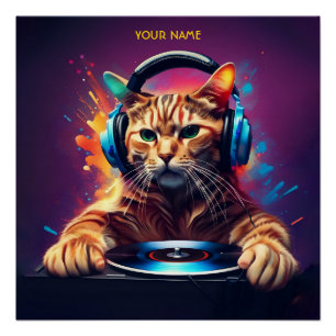 Cute Fantasy Cat DJ Vinyl Poster