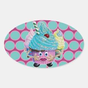Cute Fantasy Creatur Cupcakes Illustrated Oval Sticker