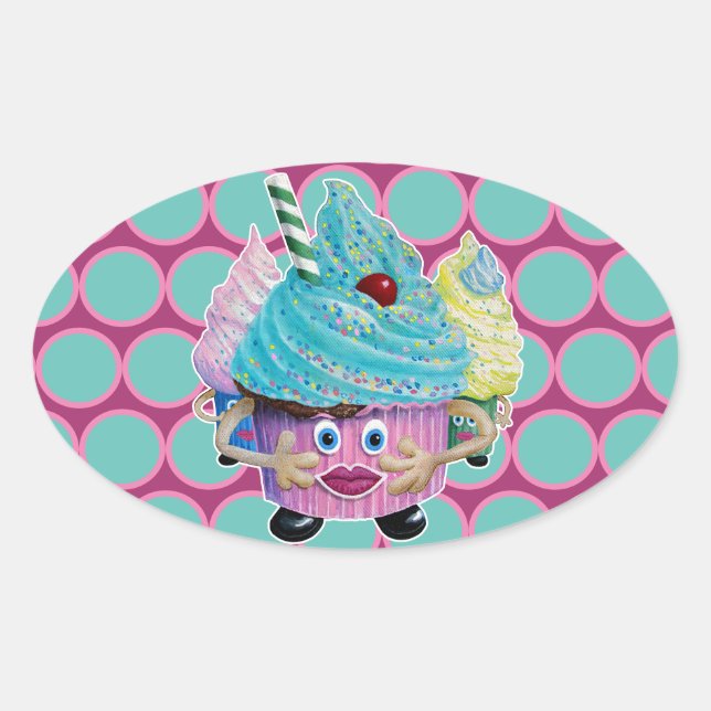 Cute Fantasy Creatur Cupcakes Illustrated Oval Sticker (Front)