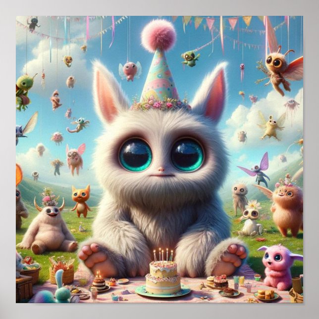 Cute Fantasy Creature Celebration Poster (Front)