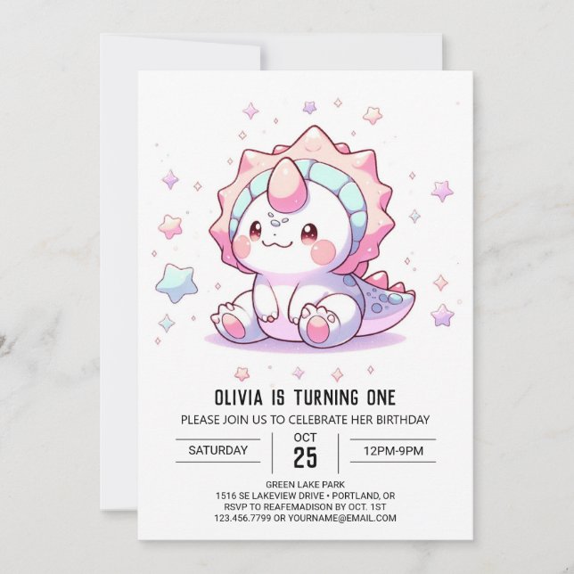 Cute Fantasy Dinosaur 1st Birthday Invitation (Front)