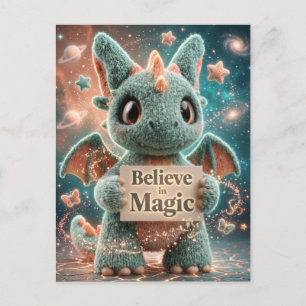Cute Fantasy Dragon Plush Holding Believe in Magic Postcard
