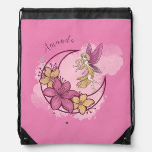 Cute Fantasy Fairy on the Moon, Custom Name Drawstring Bag