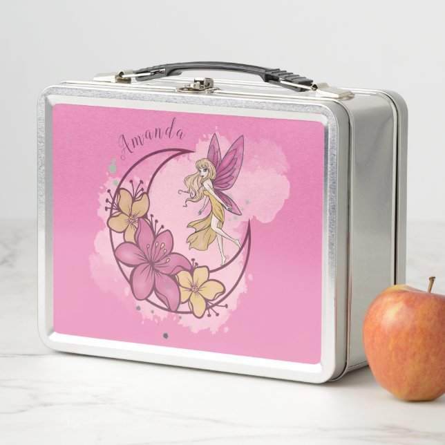 Cute Fantasy Fairy on the Moon, Custom Name  Metal Lunch Box (In Situ)