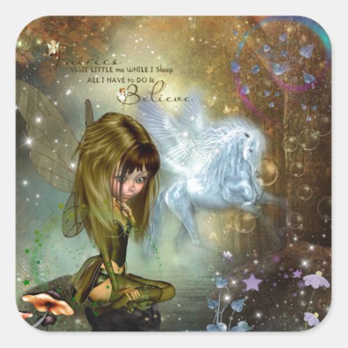 Cute Fantasy Fairy  Pegasus Believe Quote Square Sticker