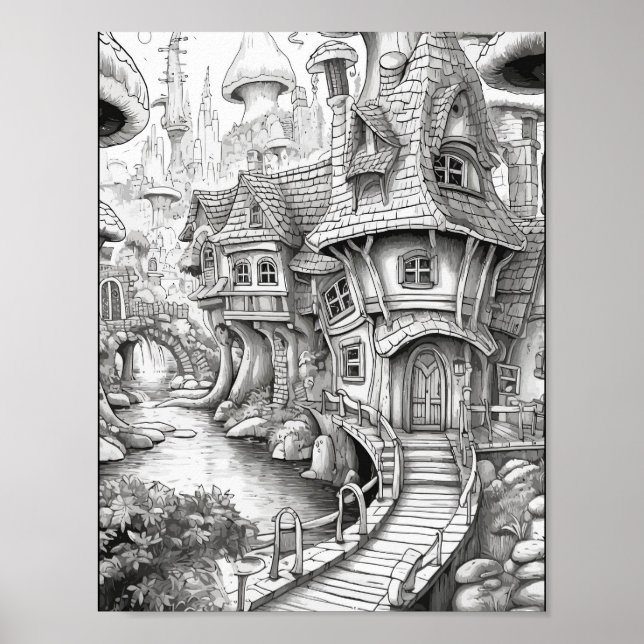 Cute Fantasy Interior Adult Coloring Poster (Front)