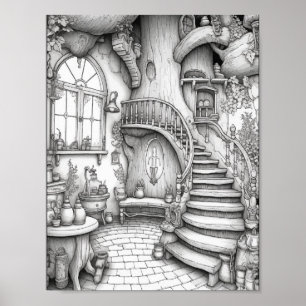 Cute Fantasy Interior Adult Coloring Poster