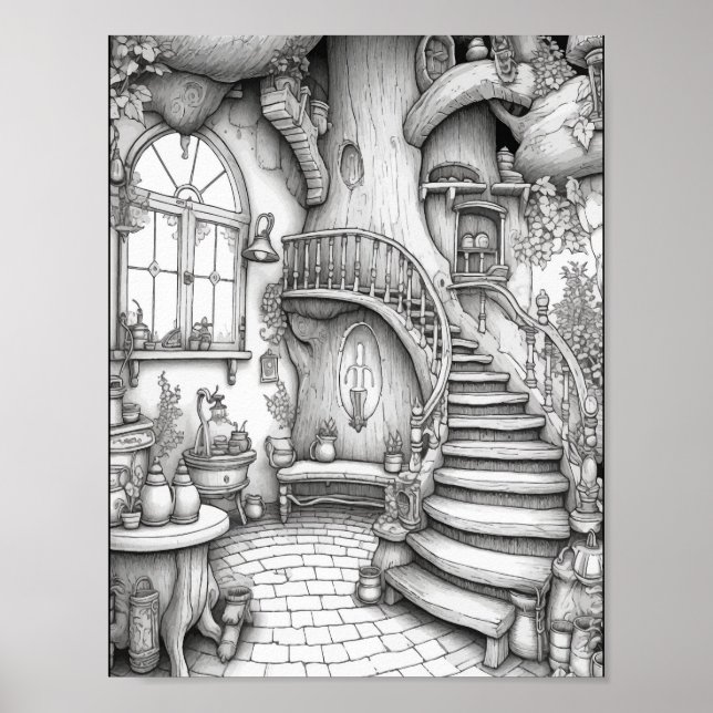Cute Fantasy Interior Adult Coloring Poster (Front)