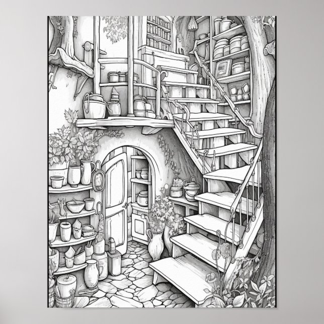 Cute Fantasy Interior Adult Coloring Poster (Front)