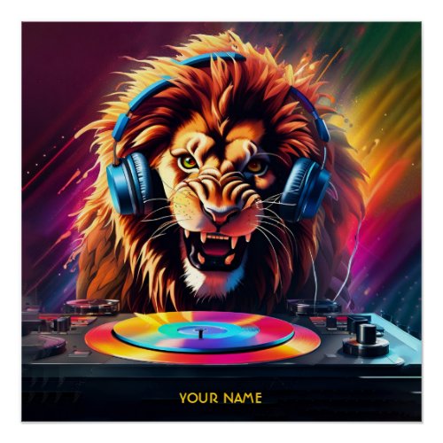 Cute Fantasy Lion DJ Vinyl Poster