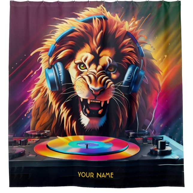 Cute Fantasy Lion DJ Vinyl Shower Curtain (Front)