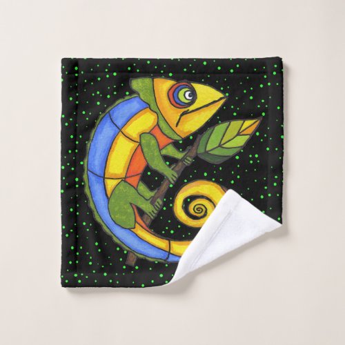 Cute Fantasy Lizard on Twig With Leaf Polka Dots Wash Cloth